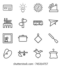 thin line icon set : card, bulb, sun power, cashbox, factory, signpost, bus, deltaplane, flower in window, pan, rag, spatula, beans, plow, beet, hanger