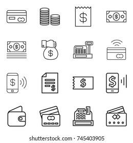thin line icon set : card, coin stack, receipt, money, gift, cashbox, tap to pay, phone, account balance, mobile, wallet, credit