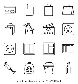 thin line icon set : card, shopping bag, cleanser, credit, power socket, switch, window, blender, garbage, foam bucket, toilet