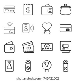 thin line icon set : card, receipt, wallet, purse, tap to pay, pass, cardio chip, credit, atm, identity, do not distrub, sheep