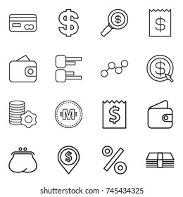 thin line icon set : card, dollar, magnifier, receipt, wallet, diagram, graph, arrow, virtual mining, crypto currency, purse, pin, percent, money