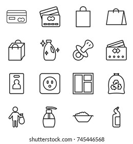 thin line icon set : card, credit, shopping bag, cleanser, nipple, identity, power socket, window, garbage, trash, liquid soap, foam basin, toilet