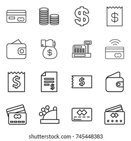 thin line icon set : card, coin stack, dollar, receipt, wallet, money gift, cashbox, tap to pay, account balance, credit