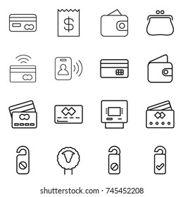 thin line icon set : card, receipt, wallet, purse, tap to pay, pass, credit, atm, do not distrub, sheep, please clean