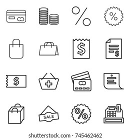 thin line icon set : card, coin stack, percent, shopping bag, receipt, account balance, add to basket, credit, list, sale, cashbox