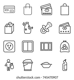 thin line icon set : card, shopping bag, credit, cleanser, nipple, power socket, switch, window, garbage, trash, foam bucket, basin, toilet