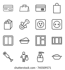 thin line icon set : card, shopping bag, credit, nipple, power socket, switch, washing, window, blender, trash, liquid soap, foam basin
