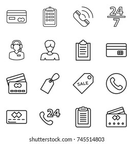 thin line icon set : card, clipboard, call, 24 7, center, woman, credit, label, sale, phone