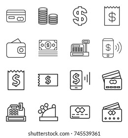 thin line icon set : card, coin stack, dollar, receipt, wallet, money, cashbox, phone pay, mobile, credit