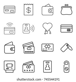 thin line icon set : card, receipt, wallet, purse, tap to pay, pass, cardio chip, credit, label, atm, identity, do not distrub