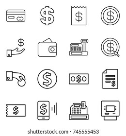 thin line icon set : card, dollar, receipt, investment, wallet, cashbox, arrow, hand coin, money, account balance, mobile pay, atm
