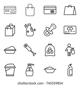 thin line icon set : card, shopping bag, credit, cleanser, nipple, washing, blender, garbage, trash, foam bucket, liquid soap, basin, toilet