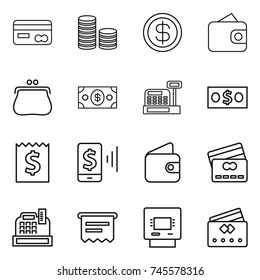 thin line icon set : card, coin stack, dollar, wallet, purse, money, cashbox, receipt, mobile pay, credit, atm