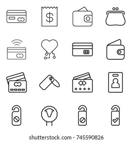 thin line icon set : card, receipt, wallet, purse, tap to pay, cardio chip, credit, label, identity, do not distrub, sheep, please clean