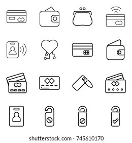 thin line icon set : card, wallet, purse, tap to pay, pass, cardio chip, credit, label, identity, do not distrub, please clean