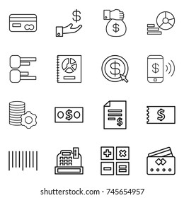 thin line icon set : card, investment, money gift, diagram, annual report, dollar arrow, phone pay, virtual mining, account balance, receipt, bar code, cashbox, calculator, credit