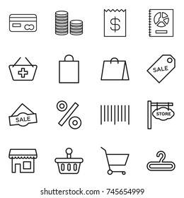thin line icon set : card, coin stack, receipt, annual report, add to basket, shopping bag, sale label, percent, bar code, store signboard, shop, cart, hanger