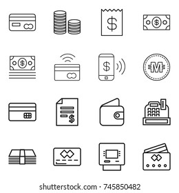 thin line icon set : card, coin stack, receipt, money, tap to pay, phone, crypto currency, credit, account balance, wallet, cashbox, atm