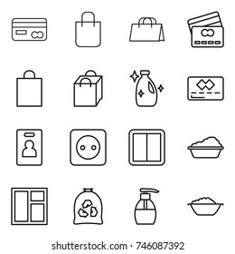 thin line icon set : card, shopping bag, credit, cleanser, identity, power socket, switch, washing, window, garbage, liquid soap, foam basin