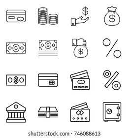 thin line icon set : card, coin stack, investment, money bag, gift, percent, credit, library, safe