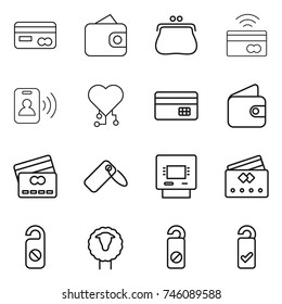 thin line icon set : card, wallet, purse, tap to pay, pass, cardio chip, credit, label, atm, do not distrub, sheep, please clean
