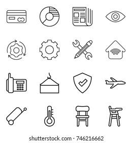 thin line icon set : card, circle diagram, newspaper, eye, around gear, pencil wrench, wireless home, phone, loading crane, protected, plane, suitcase, thermometer, chair, for babies