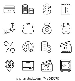 thin line icon set : card, coin stack, dollar, receipt, investment, purse, money bag, gift, percent, arrow, virtual mining, credit, pin, invoice, safe