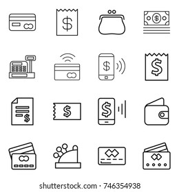 thin line icon set : card, receipt, purse, money, cashbox, tap to pay, phone, account balance, mobile, wallet, credit