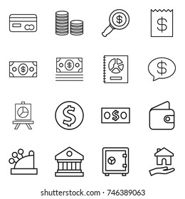 thin line icon set : card, coin stack, dollar magnifier, receipt, money, annual report, message, presentation, wallet, cashbox, library, safe, housing