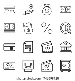 thin line icon set : card, investment, money bag, gift, percent, dollar arrow, credit, account balance, library, atm, safe