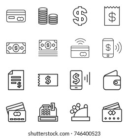 thin line icon set : card, coin stack, dollar, receipt, money, tap to pay, phone, account balance, mobile, wallet, credit, cashbox