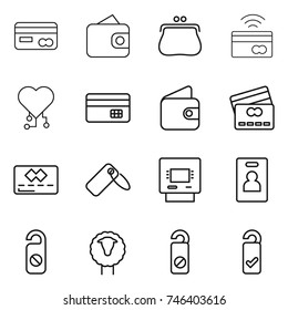 thin line icon set : card, wallet, purse, tap to pay, cardio chip, credit, label, atm, identity, do not distrub, sheep, please clean