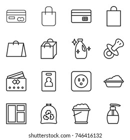 thin line icon set : card, shopping bag, credit, cleanser, nipple, identity, power socket, washing, window, garbage, foam bucket, liquid soap