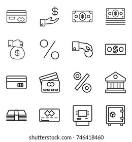 thin line icon set : card, investment, money, gift, percent, hand coin, credit, library, atm, safe