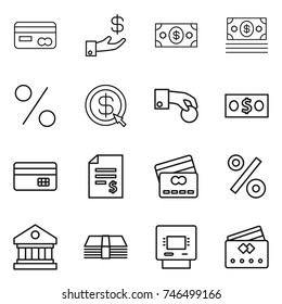 thin line icon set : card, investment, money, percent, dollar arrow, hand coin, credit, account balance, library, atm