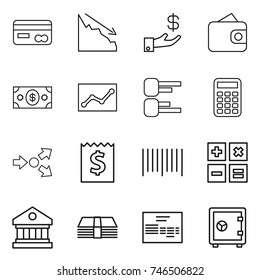 thin line icon set : card, crisis, investment, wallet, money, statistics, diagram, calculator, core splitting, receipt, bar code, library, invoice, safe