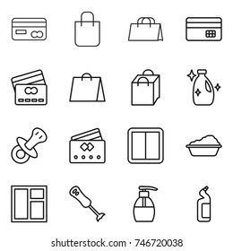 thin line icon set : card, shopping bag, credit, cleanser, nipple, power switch, washing, window, blender, liquid soap, toilet