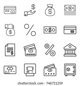 thin line icon set : card, investment, money bag, gift, percent, credit, account balance, library, atm, safe