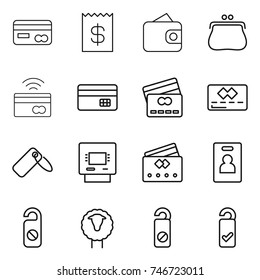 thin line icon set : card, receipt, wallet, purse, tap to pay, credit, label, atm, identity, do not distrub, sheep, please clean