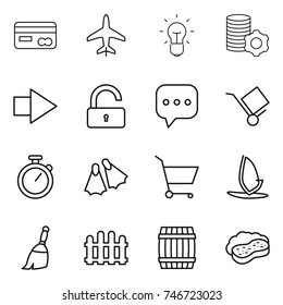 thin line icon set : card, plane, bulb, virtual mining, right arrow, unlock, sms, trolley, stopwatch, flippers, cart, windsurfing, broom, fence, barrel, sponge with foam