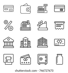 thin line icon set : card, wallet, cashbox, credit, percent, atm receipt, library, building, office, safe, bank