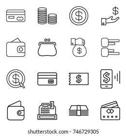 thin line icon set : card, coin stack, dollar, investment, wallet, purse, money gift, diagram, arrow, credit, receipt, mobile pay, cashbox