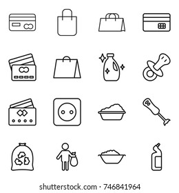 thin line icon set : card, shopping bag, credit, cleanser, nipple, power socket, washing, blender, garbage, trash, foam basin, toilet
