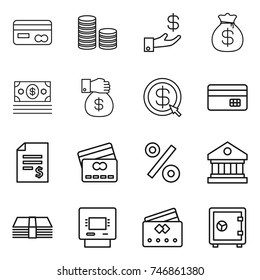 thin line icon set : card, coin stack, investment, money bag, gift, dollar arrow, credit, account balance, percent, library, atm, safe