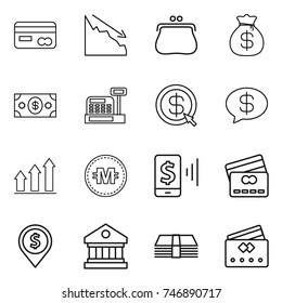 thin line icon set : card, crisis, purse, money bag, cashbox, dollar arrow, message, graph up, crypto currency, mobile pay, credit, pin, library