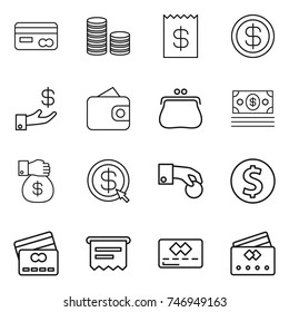 thin line icon set : card, coin stack, receipt, dollar, investment, wallet, purse, money, gift, arrow, hand, credit, atm
