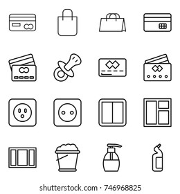 thin line icon set : card, shopping bag, credit, nipple, power socket, switch, window, foam bucket, liquid soap, toilet cleanser