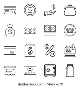 thin line icon set : card, dollar, investment, purse, money bag, crypto currency, credit, receipt, percent, cashbox, atm, safe, bank