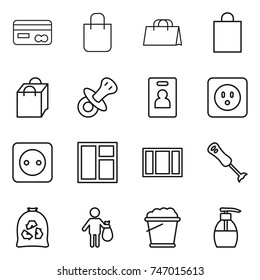 thin line icon set : card, shopping bag, nipple, identity, power socket, window, blender, garbage, trash, foam bucket, liquid soap