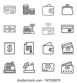 thin line icon set : card, coin stack, wallet, purse, money, cashbox, tap to pay, credit, receipt, account balance